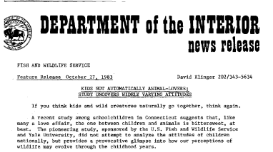 Kids Not Automatically Animal-Lovers: Study Uncovers Widely Varying Attitudes October 27, 1983