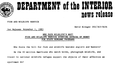 Who Pays Wildlife's Way? Fish and Wildlife Service Studying Sources of Money for States Nongame Programs November 1, 1983