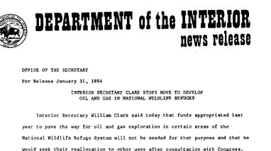 Interior Secretary Clark Stops Move to Develop Oil and Gas in National Wildlife Refuges January 31, 1984