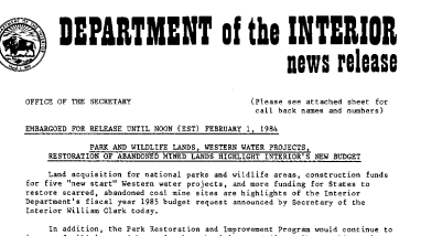 Park and Wildlife Lands, Western Water Projects, Restoration of Abandoned Mined Lands Highlight Interior's New Budget February 1, 1984