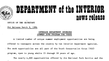 Interior Department Sponsors Summer Jobs Program for Teens March 9, 1984