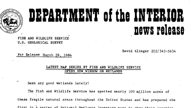 Latest Map Series by Fish and Wildlife Service Opens New Window on Wetlands March 28, 1984