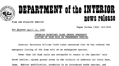 Interior Secretary Clark Orders Emergency Listing of Guam Rail as Endangered Species April 11, 1984