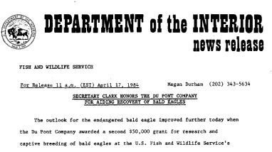 Secretary Clark Honors the Du Pont Company for Aiding Recovery of Bald Eagles April 17, 1984