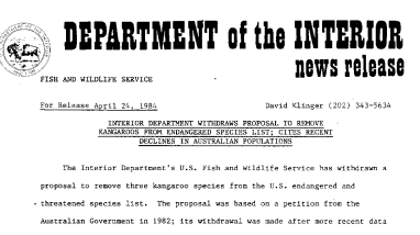 Interior Department Withdraws Proposal to Remove Kangaroos From Endangered Species List; Cites Recent Declines in Australian Populations April 24, 1984