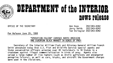 "Operation Falcon" Exposes North American and European Black Market in Birds of Prey June 29, 1984