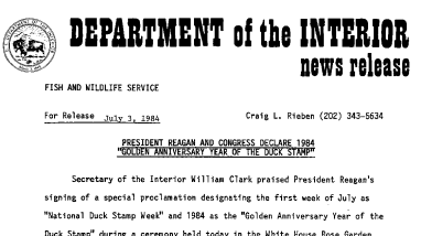 President Reagan and Congress Declare 1984 "Golden Anniversary Year of the Duck Stamp" July 3, 1984