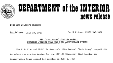 1984 "Duck Stamp" Contest Opens: November Judging Will Cap 50th Anniversary Events July 10, 1984