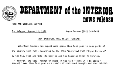 1984 Waterfowl Fall Flight Forecast August 21, 1984