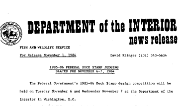 1985-86 Federal Duck Stamp Judging Slated for November 6-7, 1984 November 1, 1984