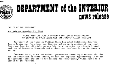 Clark Asks California Governor for Closer Coordination of Efforts to Solve Kesterson-San Joaquin Valley Problems November 15, 1984