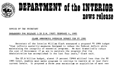 Clark Announces Interior Budget for Fy 1986 February 4, 1985