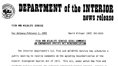 Fish and Wildlife Service Seeks Comments on Endangered Species Act Reauthorization February 7, 1985