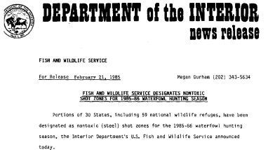Fish and Wildlife Service Designates Nontoxic Shot Zones for 1985-86 Waterfowl Hunting Season February 21, 1985