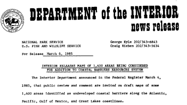 Interior Releases Maps of 1,400 Areas Being Considered for Addition to Coastal Barriers Resources System March 6, 1985