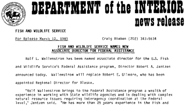 Fish and Wildlife Service Names New Associate Director for Federal Assistance March 12, 1985