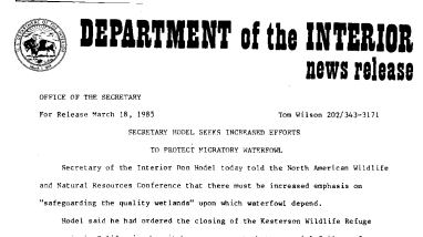 Secretary Hodel Seeks Increased Efforts to Protect Migratory Waterfowl March 18, 1985