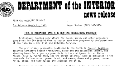 1985-86 Migratory Game Bird Hunting Regulations Proposed March 22, 1985