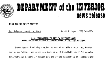 U.S. Delegation to Review International Wildlife Trade Issues at Fifth Biennal "Cites" Meeting April 23, 1985