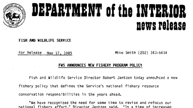 FWS Announces New Fishery Program Policy May 17, 1985