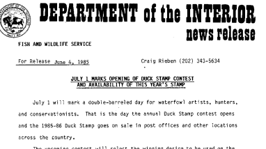 July 1 Marks Opening of Duck Stamp Contest and Availability of This Year's Stamp June 4, 1985