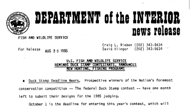 U.S. Fish and Wildlife Service Reminds Duck Stamp Contestants, Announces New Hunting, Fishing Programs August 30, 1985