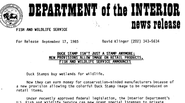 Duck Stamp Isn't Just A Stamp Anymore: New Provisions Allow Image on Retail Products, Fish and Wildlife Service Announces September 17, 1985