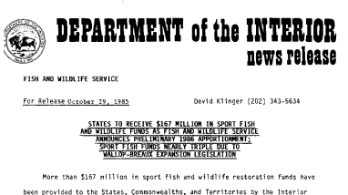 States to Receive $167 Million in Sport Fish and Wildlife Funds as Fish and Wildlife Service Announces Preliminary 1986 Apportionment; Sport Fish Funds Nearly Triple Due to Wallop-Breaux Expansion Legislation October 29, 1985