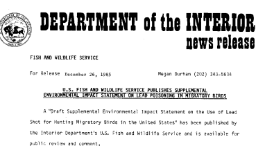 U.S. Fish and Wildlife Service Publishes Supplemental Environmental Impact Statement on Lead Poisoning in Migratory Birds December 26, 1985
