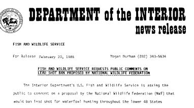 Fish and Wildlife Service Requests Public Comments on Lead Shot Ban Proposed by National Wildlife Federation February 20, 1986