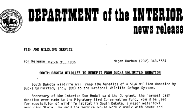South Dakota Wildlife to Benefit From Ducks Unlimited Donation March 31, 1986