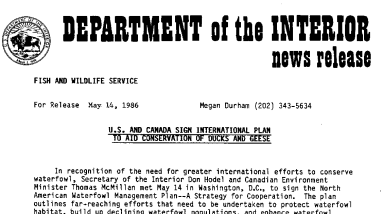 U.S. and Canada Sign International Plan to Aid Conservation of Ducks and Geese May 14, 1986