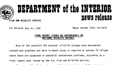 Final Report Issued on Contaminants on National Wildlife Refuges May 14, 1986