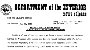 Nation's Newest Wildlife Refuge Located in Heart of Bottomland Hardwoods May 16, 1986