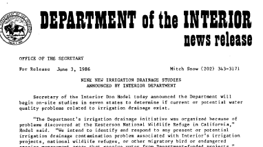 Nine New Irrigation Drainage Studies Announced by Interior Department June 3, 1986