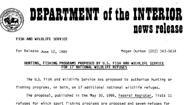 Hunting, Fishing Programs Proposed by U.S. Fish and Wildlife Service for 17 National Wildlife Refuges June 10, 1986