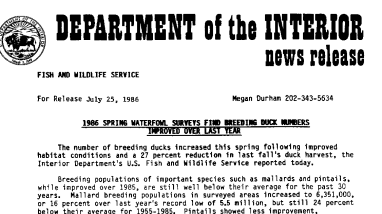 1986 Spring Waterfowl Surveys Find Breeding Duck Numbers Improved Over Last Year July 25, 1986