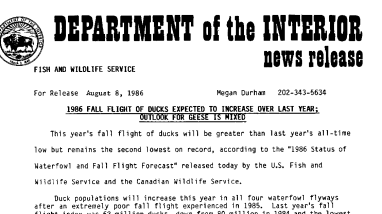 1986 Fall Flight of Ducks Expected to Increase Over Last Year; Outlook for Geese Is Mixed August 8, 1986