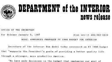 Hodel Announces Proposed Fy 1988 Budget for Interior January 5, 1987