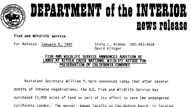 Fish and Wildlife Service Announces Addition of Lands at Bitter Creek National Wildlife Refuge for Presentation of California Condors January 9, 1987