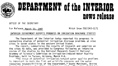 Interior Department Reports Progress on Irrigation Drainage Studies March 13, 1987