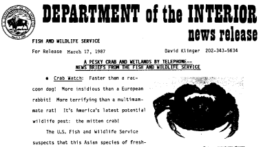 A Pesky Crab and Wetlands by Telephone--News Briefs From the Fish and Wildlife Service March 17, 1987