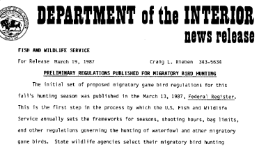 Preliminary Regulations Published for Migratory Bird Hunting March 19, 1987