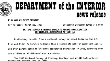Initial Survey Findings Indicate Record Participation in Wildlife-Associated Activities March 21, 1987