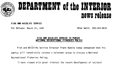 Fish and Wildlife Service to Pursue National Recreational Fisheries Policy March 25, 1987