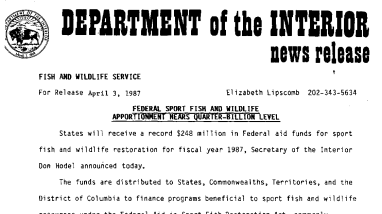 Federal Sport Fish and Wildlife Apportionment Nears Quarter-Billion Level April 3, 1987