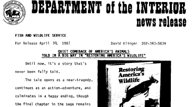 Quiet Comeback of America’ S Animals Told in A Big Way in "Restoring America's Wildlife" April 30, 1987