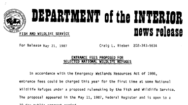 Entrance Fees Prposed for Selected National Wildlife Refuges May 21, 1987