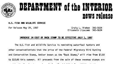 Increase in Cost of Duck Stamp to Be Effective July 1, 1987 May 29, 1987