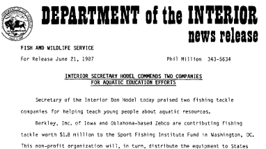 Interior Secretary Hodel Commends Two Companies for Aquatic Education Efforts June 21, 1987